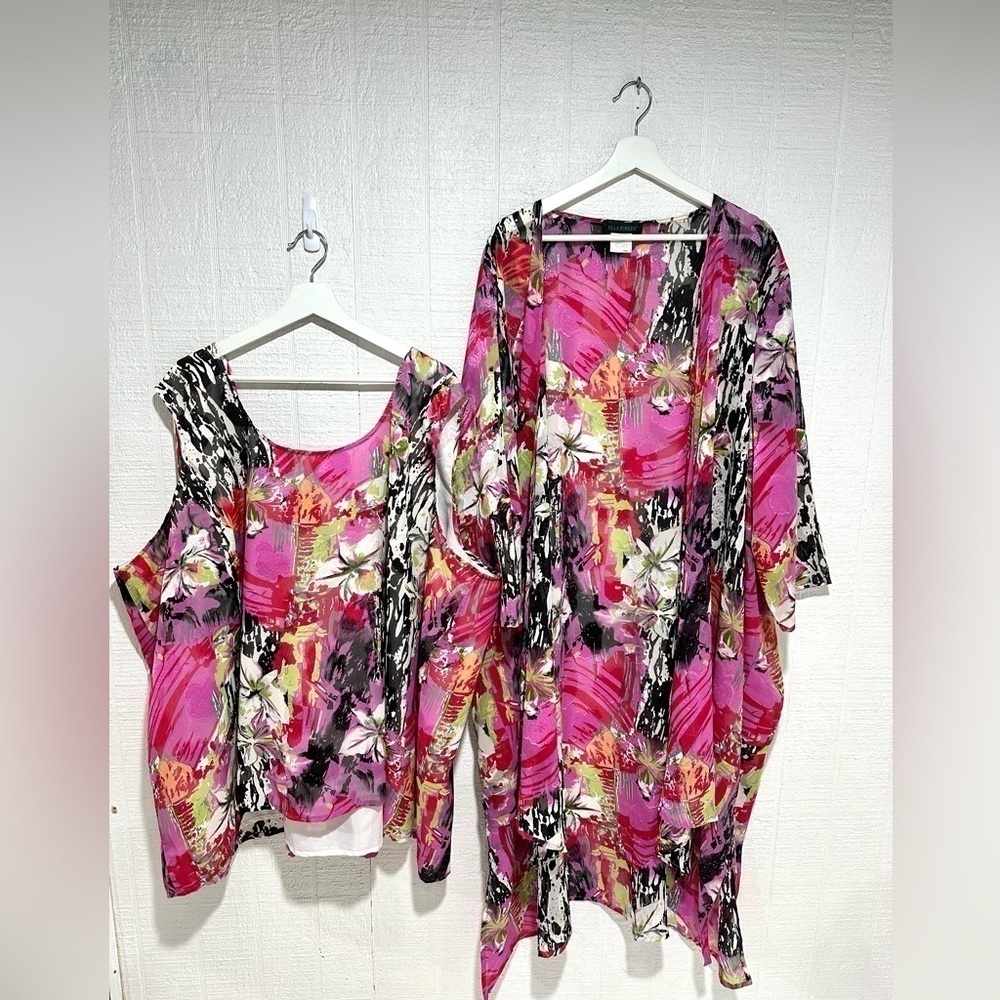 Ulla Popken two piece kimono and tank set floral multicolor size 32/34